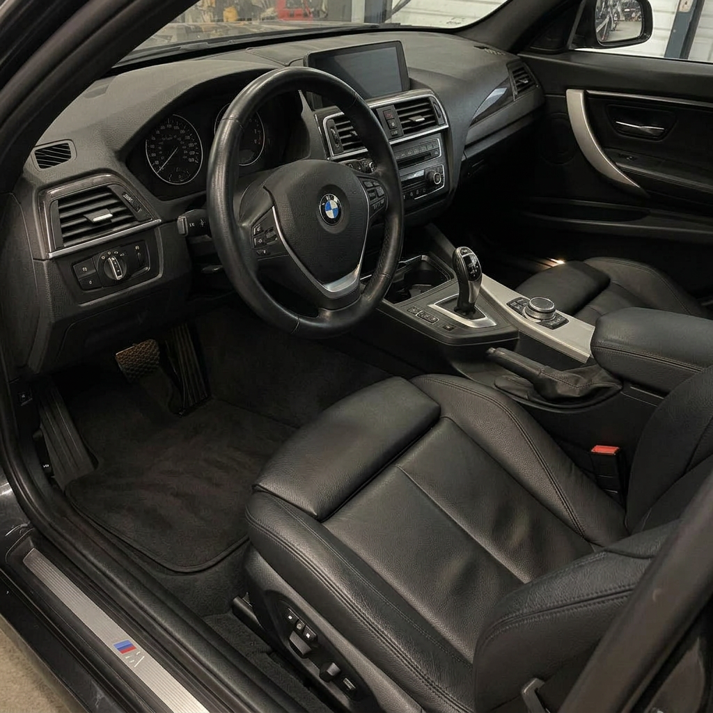 Spotless black leather sports car interior after detailing