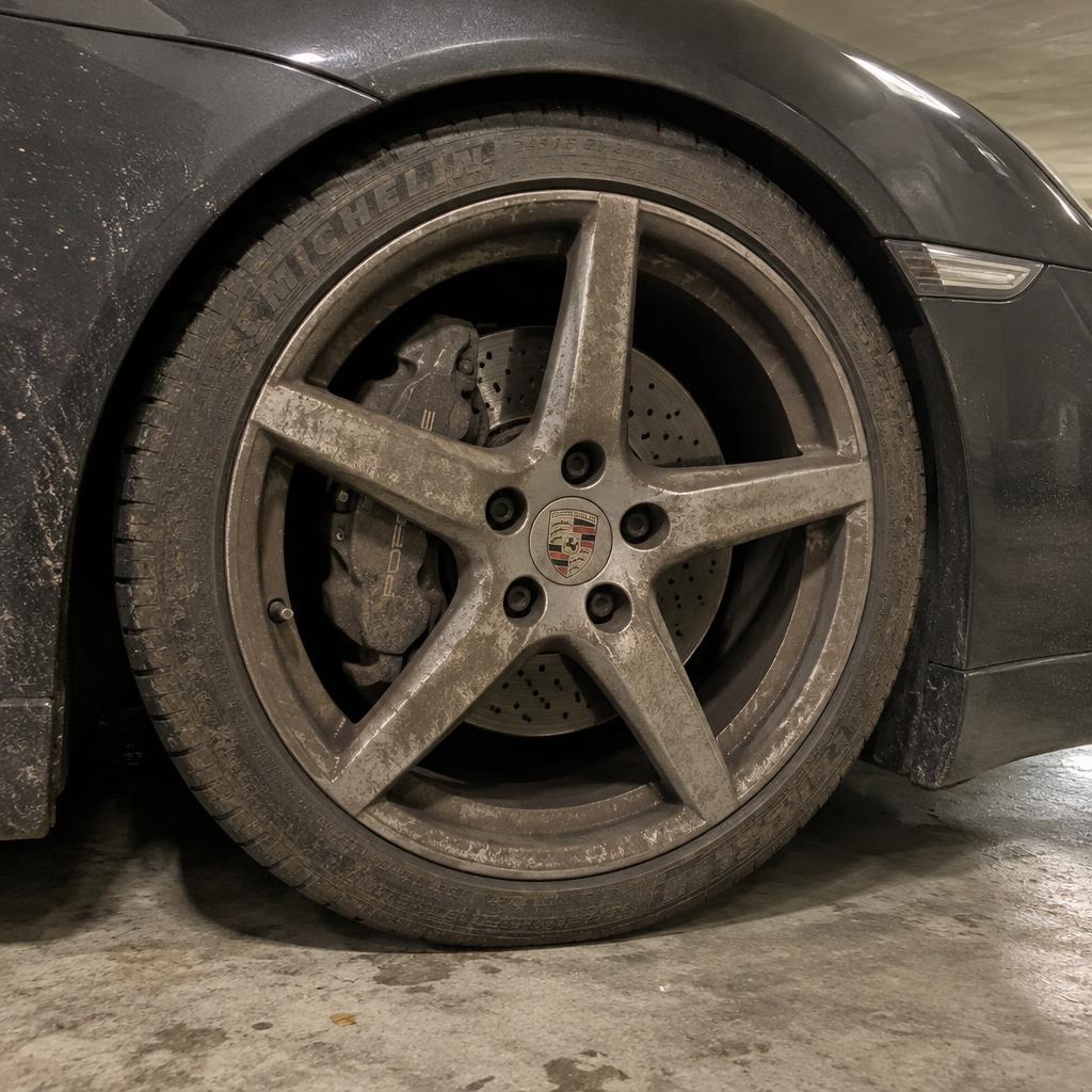 Alloy wheel coated in brake dust before cleaning